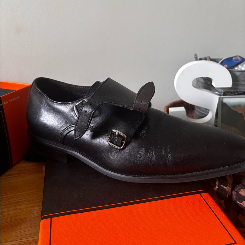 Men's Black Leather Monk Strap Shoes